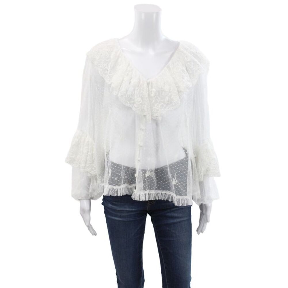 Zara Womens Tunic White V-Neck Polka Dot Long Sleeve Button Polyester Size S